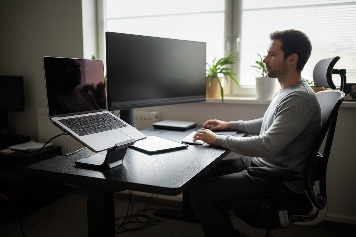 Laptop on a stand with a monitor in a dimly lit room