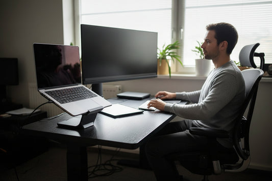 Laptop on a stand with a monitor in a dimly lit room
