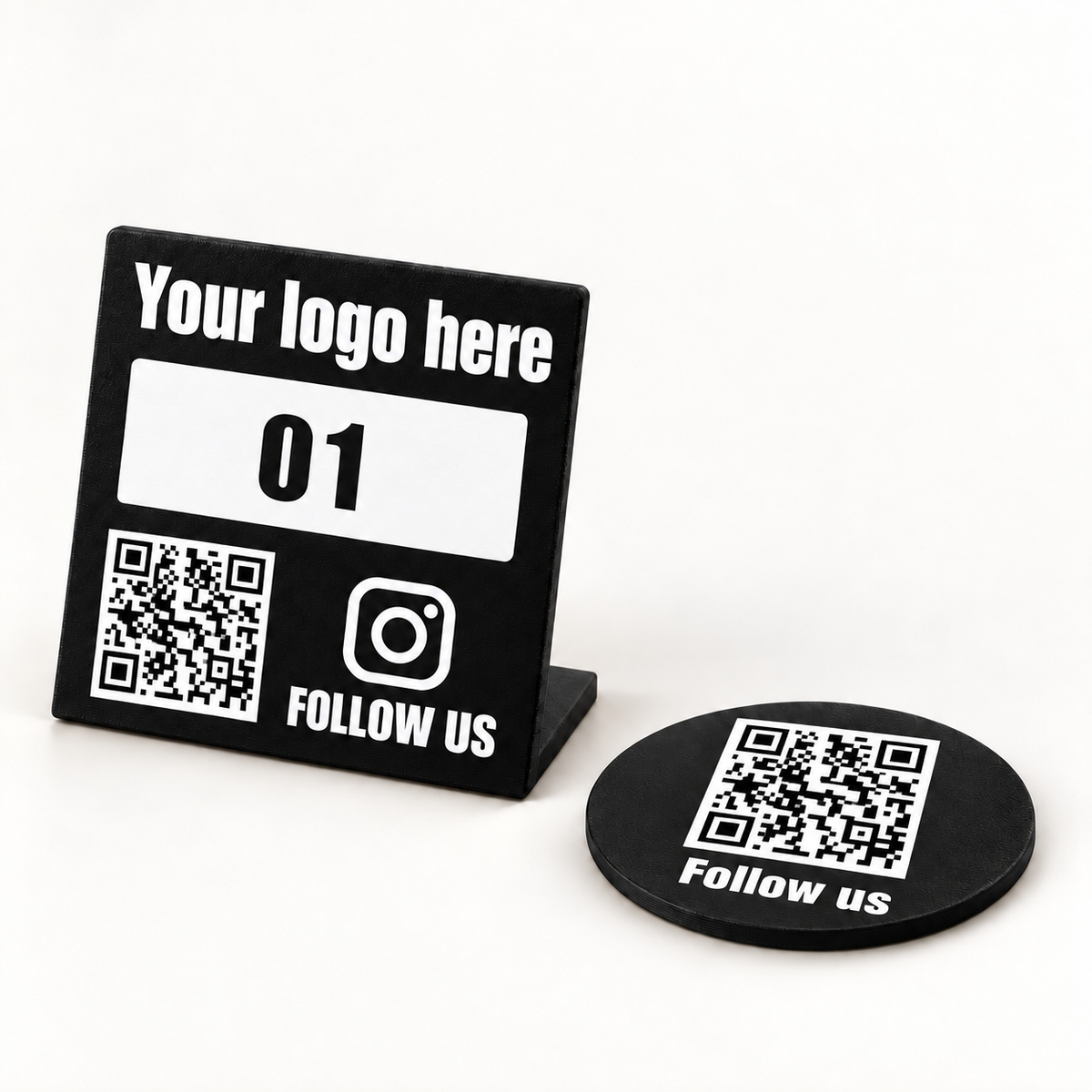 Black custom logo table sign and QR plaque — studio digital mockup