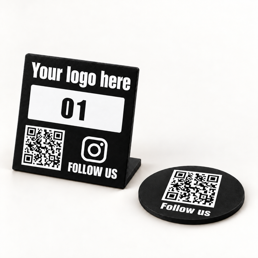 Black custom logo table sign and QR plaque — studio digital mockup
