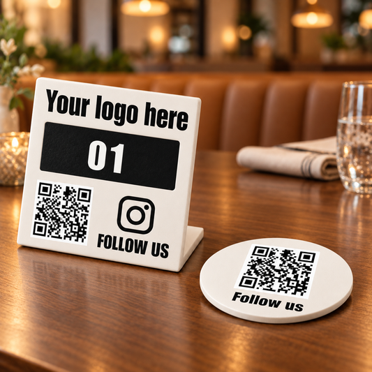 White custom logo table sign and QR plaque — restaurant digital mockup